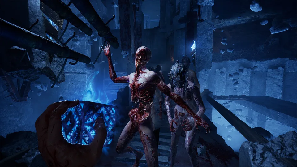 Cenobites advancing through a ruined corridor with blue puzzle-box energy
