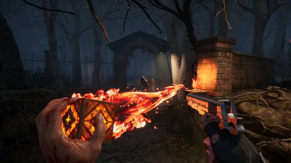 Night-time graveyard exploration with a lit torch in first-person view