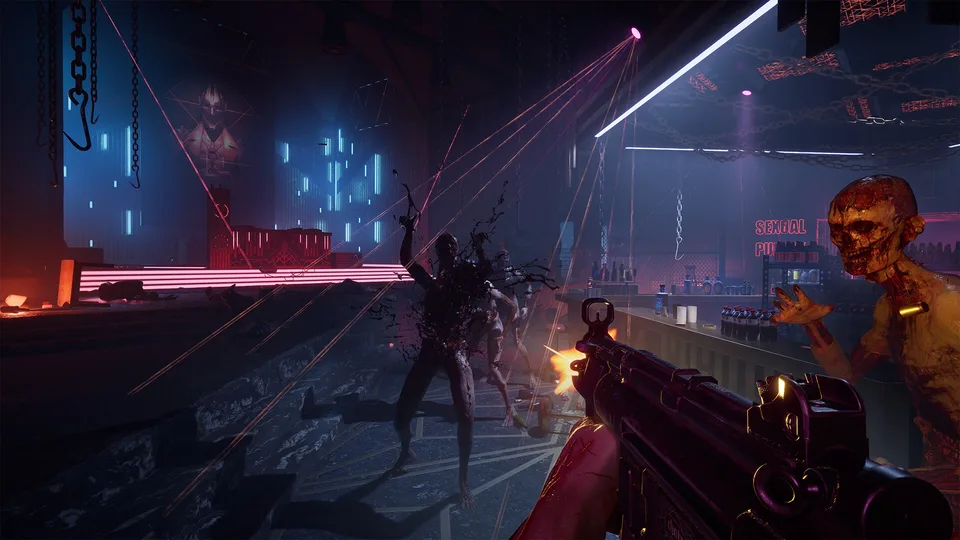 Neon-lit Scarlet Church combat scene with hostile enemies